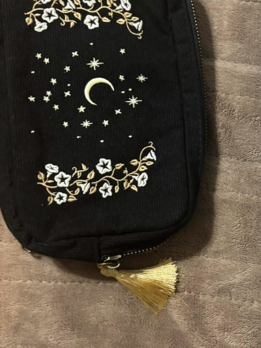 Black Embroidered Crescent Moon Crossbody Bag with Gold Tassel
